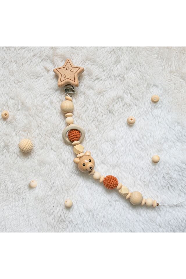 Doğal Ahşap Emzik Zinciri - Emzik Askısı Ahşap Emzik Zinciri Emzik Tutucu