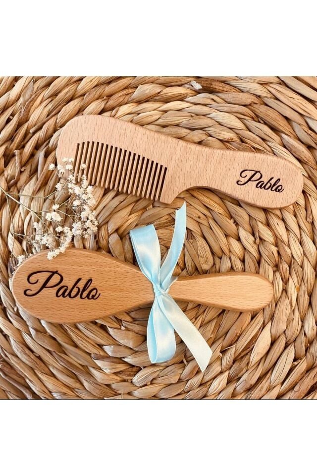 2'Li Set İSME ÖZEL DOĞAL Anne Bebek Keçı Kılı Tarak ve Saç Fırçası YENİ DOĞAN BEBEK BAKIM HEDİYELİK