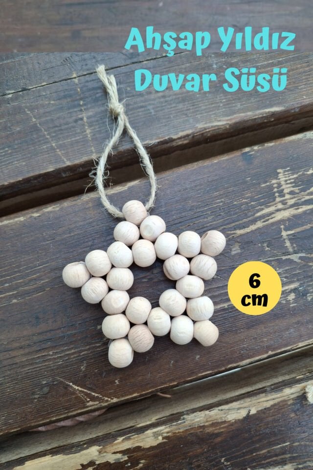 Y-20 Dekoratif Ahşap Boncuklu Yıldız 5 Köşeli, Kapı Duvar Mutfak Bebek Odası Süsü